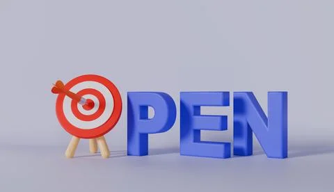 Open Sign and Archery Target with Dart in Center on Pastel Color background Stock Photos