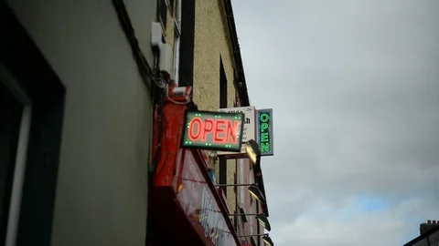 OPEN sign with blinking lights on a building Stock Footage 82787226