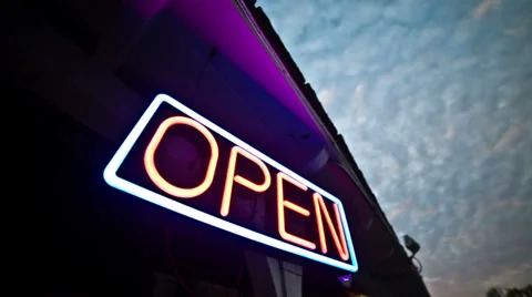Open Sign Blinking Lights Flashing Neon Evening Convenience Store Night Dawn Stock Footage 36139619