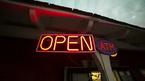 Open Sign Establishment Neon Light ATM Blinking Convenient Store Suburbs Stock Footage 36140692