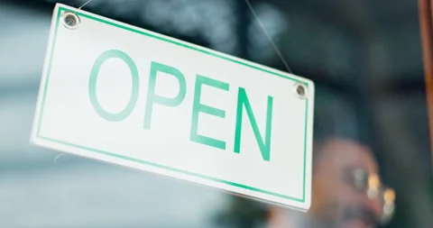 Open sign, front door and happy restaurant man, small business owner or boss Stock-Footage 252272162