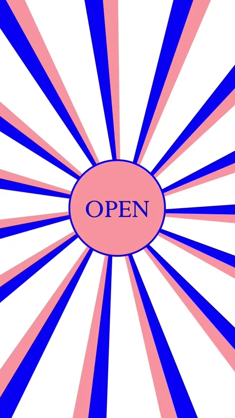 Open sign with rotating blue and pink rays on white background, a dynamic a.. 库存影片 331572735