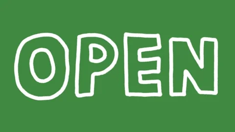 Open sign storefront welcome hand-drawn cartoon graphic with chalk outline icon Stock Footage 341570750