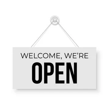 Open signboard hanged on wall. Rectangular shape clipboard for retail, shop Stock Illustration