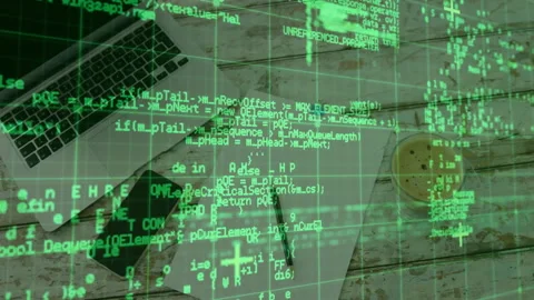 Open silver laptop being animated on desk with code overlay, featuring papers Video stock 307445708