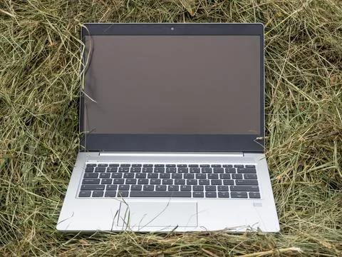 An open silver laptop is lying on a haystack. Close-up, modern technologies i Stock Photos