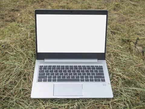 An open silver laptop is lying on a haystack. Close-up, modern technologies i Stock Photos