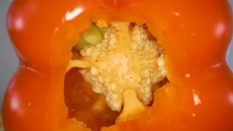 The open skin of the red bell pepper on the table Stock Footage 135701566