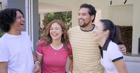 Open sliding door, four friends laughing, leaning, pointing, posing forward Stock Footage 341852374