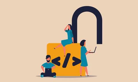 Open source code and programming online. People on lock support office system Stock Illustration