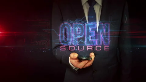 Open source code hologram on businessman hand Video stock 148324147