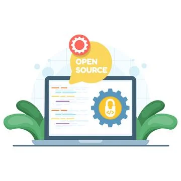 Open source platform concept with code elements in flat vector style Stock Illustration