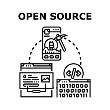 Open source software development and cryptocurrency mining concept Stockillustratie