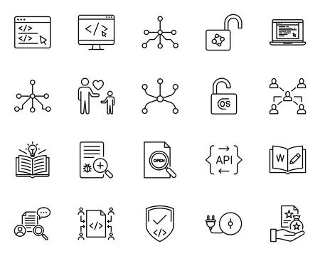 Open Source Software Programming Coding Network Line Icon Set Stockillustratie