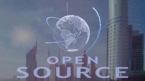 Open source text with 3d hologram of the planet Earth against the backdrop of Foto stock