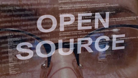 Open source text on background of female developer Stock Footage 107343260