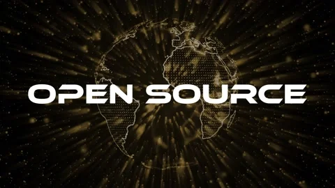Open source text concept on si-fi particles background. Dot particles animation Stock Footage 235397302
