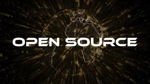 Open Source text concept on si-fi particles background. Dot particles techn.. Stock Illustration