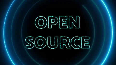 Open source text with neon glowing circle animated on a dark background. Stock Footage 265115416