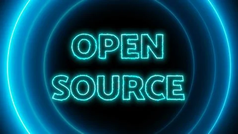 Open source text with neon glowing circle on a dark background. イラスト素材