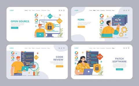 Open source web banner or landing page set. Software with code available Stock Illustration