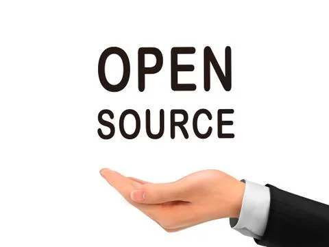 Open source word holding by realistic hand Illustrazione stock