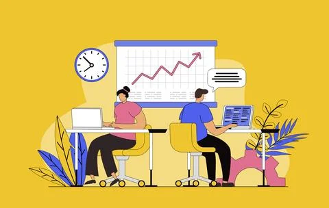 Open space concept with modern flat design for web. Man and woman working t.. Stock Illustration