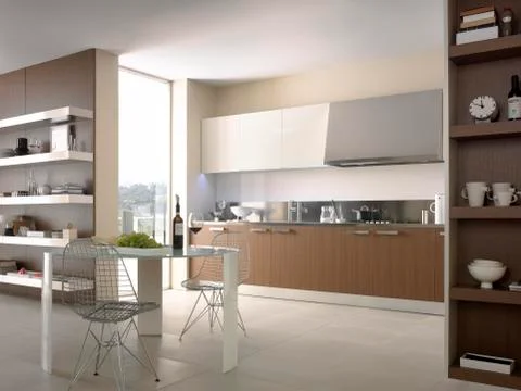 Open space kitchen with shelves and round white table 02 Stock Photos