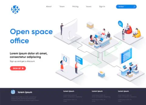 Open space office isometric landing page. Stock Illustration