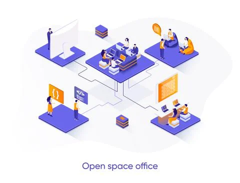 Open space office isometric web banner. Stock Illustration