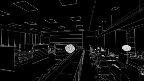 Open space office perspective draw on black background sketch 3D rendering Stock Illustration