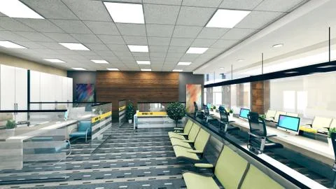 Open space office perspective realistic 3D rendering Stock Illustration