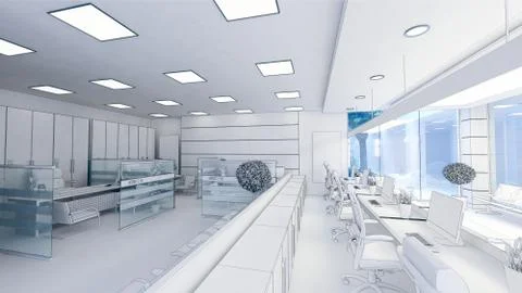 Open space office perspective realistic 3D rendering Stock Illustration