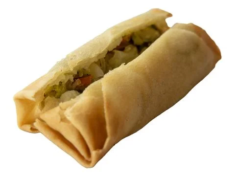 Open spring roll isolated on white  background. Top view close up image. Stock Photos