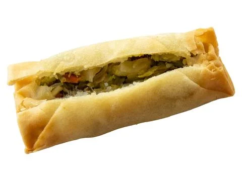 Open spring roll isolated on white  background. Top view close up image. Stock Photos