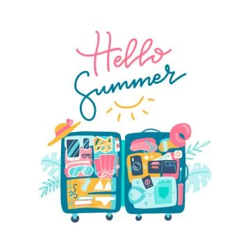 Open suitcase with the beach accessories inside the luggage. Text lettering d Illustration