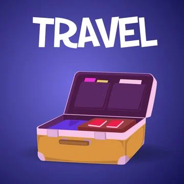 Open suitcase with clothes and documents, packing baggage, luggage, vector Stockillustratie