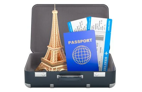 Open suitcase with Eiffel Tower, passport and boarding passes, Paris vacati.. Illustrazione stock