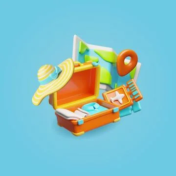 Open suitcase with packed clothes, sun hat for travel 3D cartoon vector Stock Illustration