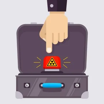 Open suitcase with a red nuclear button. Illustrazione stock