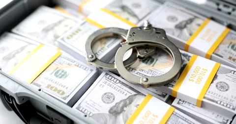 Open suitcase with stack of million dollars and handcuffs Stock Footage 231835832