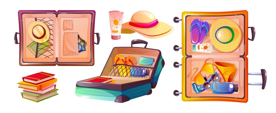 Open suitcase with stacked clothes, documents 스톡 일러스트
