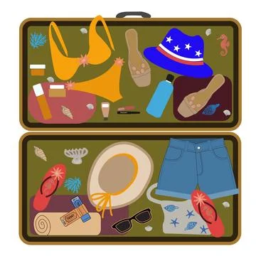 Open suitcase with summer vacation items Stock Illustration