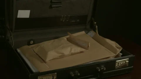 Open the Suitcase, Thick Yellow-Brown Envelope, Gloved Hands (B) Video stock 268503635