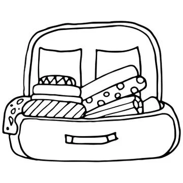 Open suitcase with things. Vector drawing in Doodle style. Stock Illustration