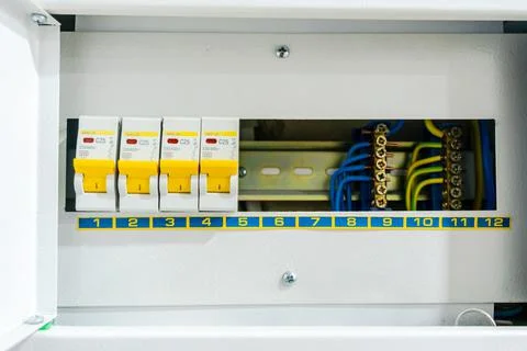 Open switchboard or terminal blocks. Repair Stock Photos
