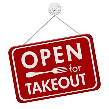Open for Takeout message on hanging red sign for restaurants Stock Illustration