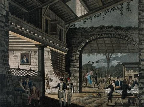 An open tavern with large archway with drinks being brought to a table of d.. Stock Illustration