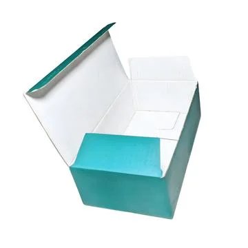 Open Teal and White Empty Cardboard Gift Box Stock-Fotos