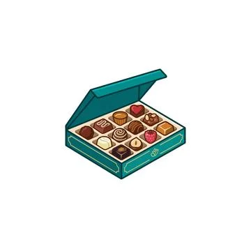 An open teal gift box filled with assorted gourmet chocolates, showcasing div Stock Illustration